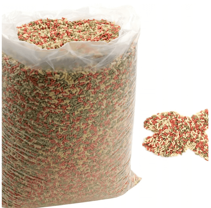 Набор различных комбикормов в рассыпном или гранулированном виде для карпа, радужной форели и других рыб — объектов товарного рыбоводства 