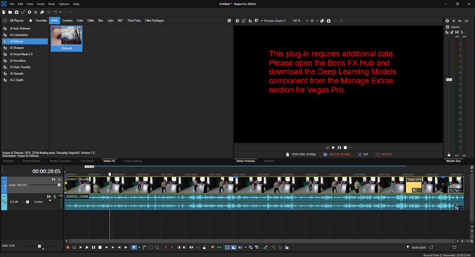 Плагины VEGAS Pro требуют отдельной настройки и скачивания компонентов через Hub, что не слишком удобно