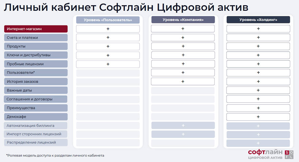 Уровни Личного кабинета: пользователь, компания, холдинг